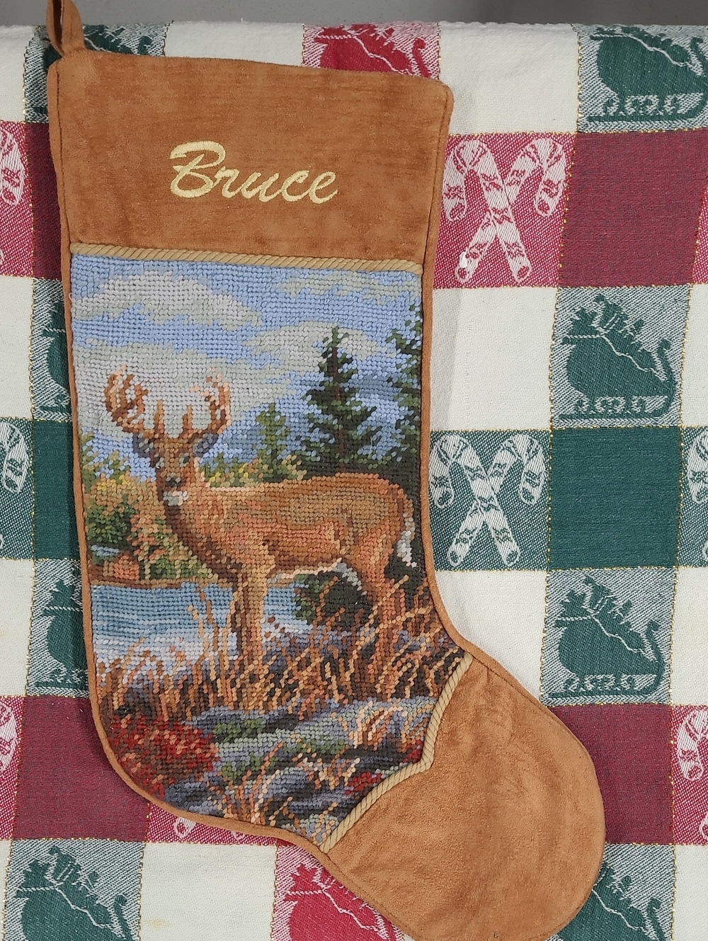 Handmade Christmas Stocking With Needlepoint Buck With Trees And Water "Bruce"